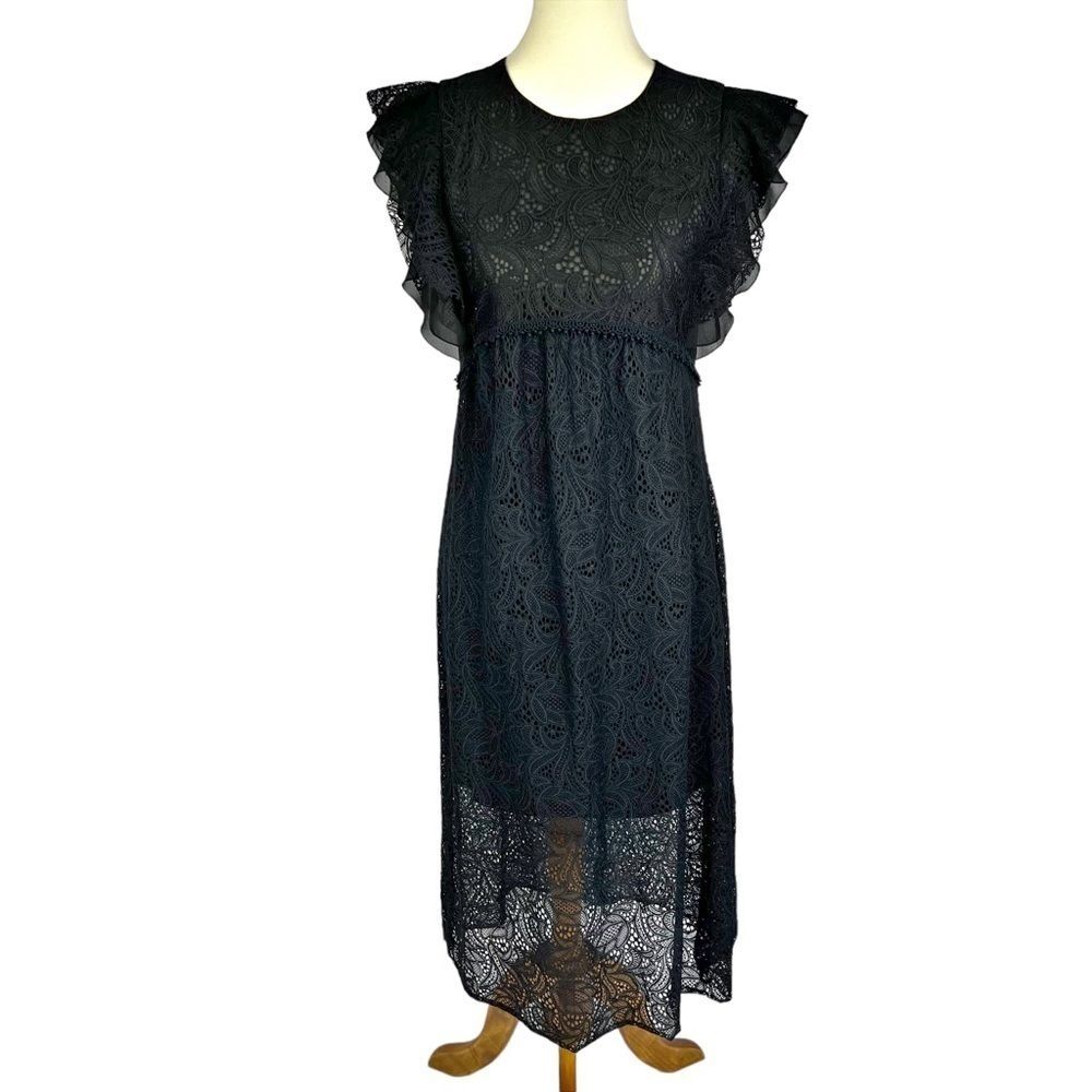 Zara Collection Black Lace Ruffle Cap Sleeve Fit Flare Midi Dress Women’s Small
